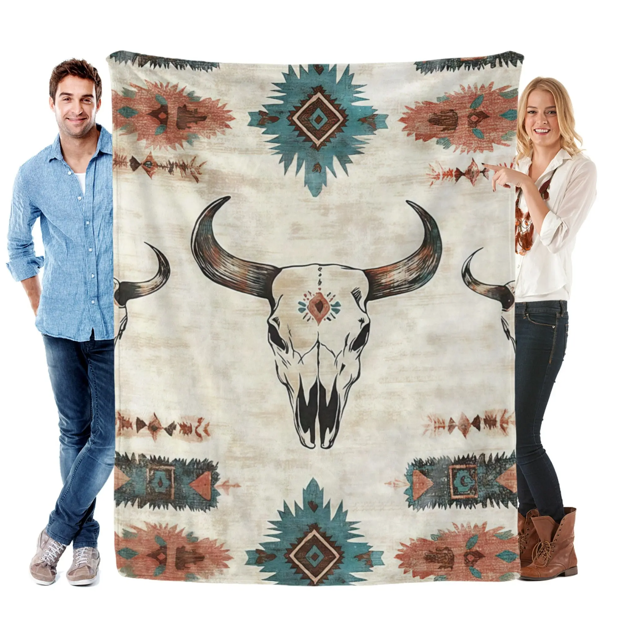 Western Cow Skull Print Lightweight Flannel Blanket - Knit Fabric, Soft Polyester Throw, Mid-Century Style, Digital Print, Unembellished, for Home/Office, Camping, All Seasons Use, Machine Wash