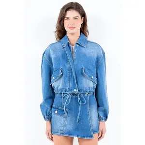 American Bazi Full Size Drop Shoulder Cropped Denim Jacket with Waist Strap Plus Size