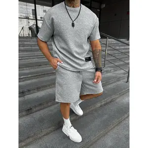 Spring and Summer New Style Dark-Colored Stripes Texture Short Sleeve Shorts Suit, Men's Daily Casual Short Sleeve Shorts Two-Piece Set, Simple Fashion Solid Color Beach Short Sleeve Shorts Suit