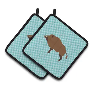 212 MAIN Colorful Fabric Wild Boar Pig Blue Check Pot Holders - 2-Piece Hanging Kitchen Bakeware Oven Accessories