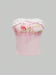 Strawberry Shortcake Women Summer Cartoon Character & Letter Print Ruffle Trim Bow Tube Top