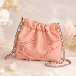 Cute Pink Bow Shoulder Bag for Women – Korean Style Ruched Chain Purse