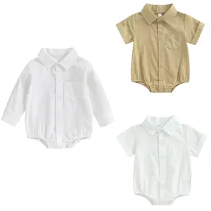Newborn Baby Boy Cotton Linen Bubble Shirt Romper Button Up Lapel Long Sleeve Dress Shirt Onesie Bodysuit Spring Warm Outfit