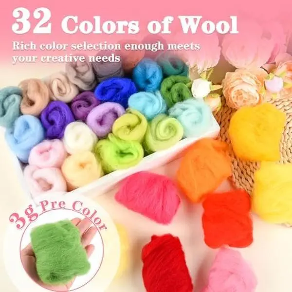 32 Color Needle Felting Wool Set 3g Per Color for DIY Crafts | Wool Felt Making Supplies, Total 96g, Suitable for DIY Crafts, Hand-spinning, Bulk Wool Roving