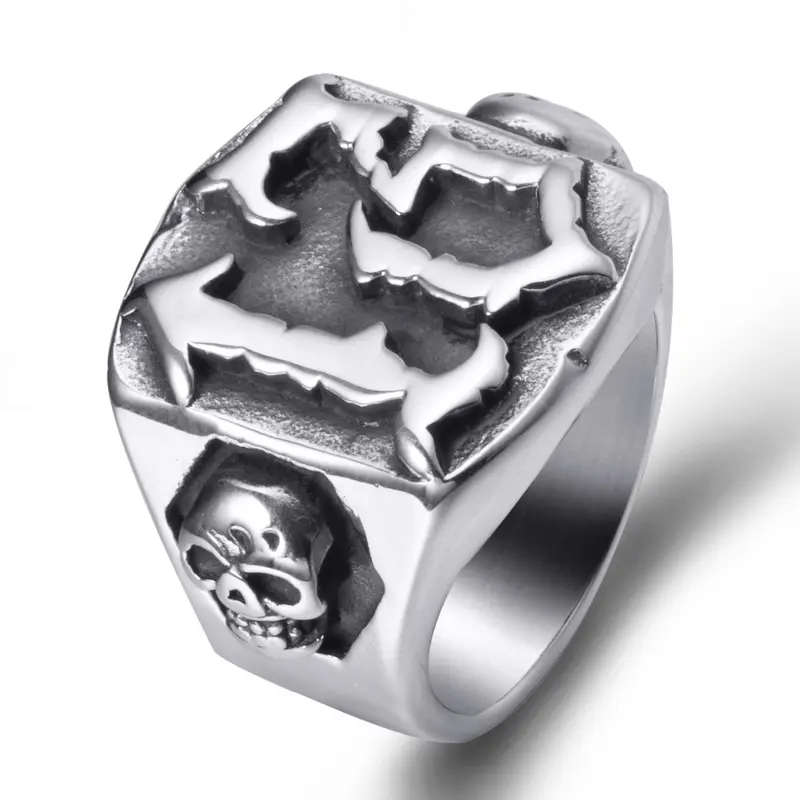 Men's Gothic Metallic Stainless Steel 13 Lucky Number Skull Ring - Hypoallergenic Finger Ring, Durable Biker Statement Jewelry, Men's Accessory for Daily/Street Wear, Anniversary/Birthday Gift