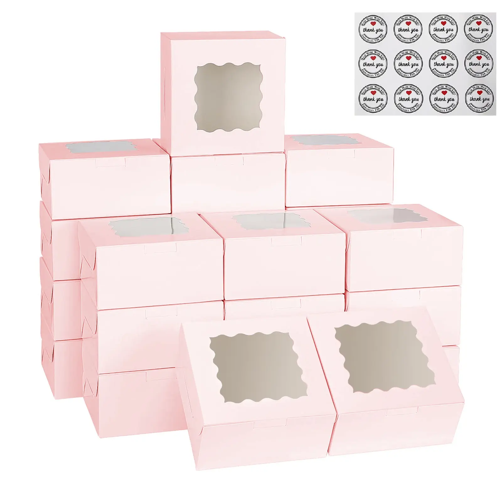 24set/48set Pink Cookie Boxes with Window ，White Bakery Boxes,Mini Treat Boxes for Dessert, Mini Bundt Cake and Individual Cheesecakes(3.39x3.39x2.48 Inch)