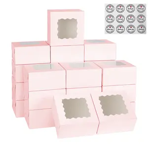 24set/48set Pink Cookie Boxes with Window ，White Bakery Boxes,Mini Treat Boxes for Mini Bundt Cake and Individual Cheesecakes(3.39x3.39x2.48 Inch)