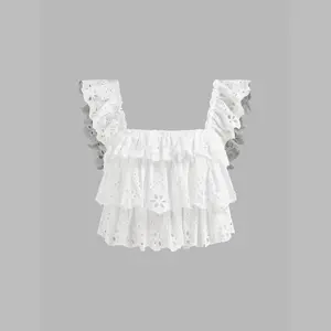 Cider [size 2-10] Woven Square Neck Tiered Lettuce Trim Shirred Crop Top