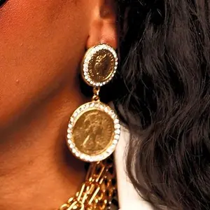 22K Gold Plated Coin Luxury Pierced Earrings - Dangling Design with Shimmering Gold Coins & Diamonds, 2.5 Inch Gold Accessory