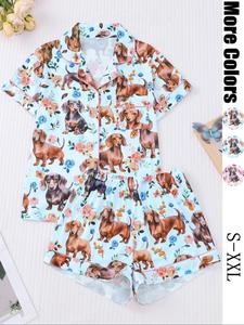 women's all over dog print button front shirt & elastic waist shorts pajama two-piece set, casual comfy short sleeve pocket lapel neckline top & shorts pj set, pajama sets women, ladies sleepwear for all seasons, lounge sets, homewear, summer sleepwear