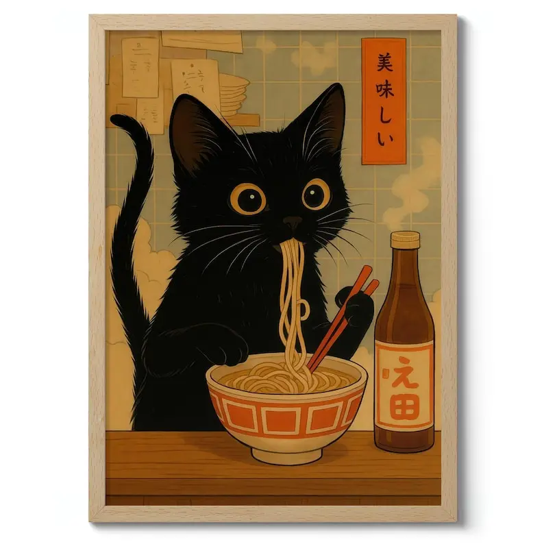 Poster No Frame - Noodle Cat Thief Anime Print, Japanese Poster, Wall Art Decor, Cat and Ramen Illustration, Cute Food Theme, Gift