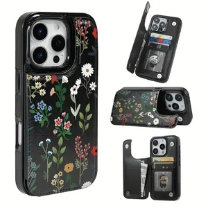 All sorts of small flowers Black and pink flap case, for iPhone 17 16 15 14 13 12 PRO MAX PLUS and 17 AIR Series. Including credit card slots and key slots, wallet phone case