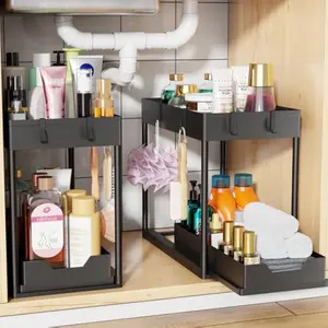 Under Sink Organizer 2 Pack, Sink Pull-Out Sliding Storage Cabinet, 2-Tier Under Shelf Organizer for Kitchen Bathroom, Black
