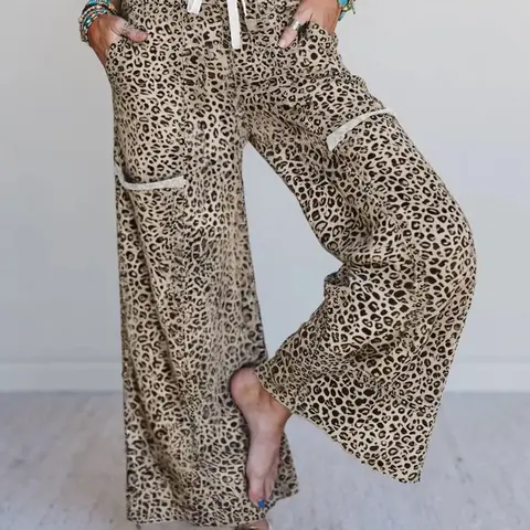 Hotapei Spring Autumn Casual Animal Print Leopard Wide Leg Fleece Knit Pants, Comfortable and Stylish Women's Long Trousers, Casual Lounge Pant, Chic Comfy Pants