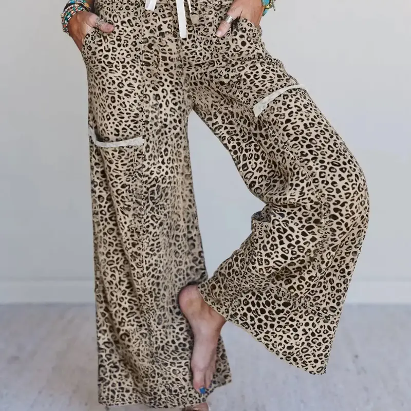 Hotapei Spring Autumn Casual Animal Print Leopard Wide Leg Fleece Knit Pants, Comfortable and Stylish Women's Long Trousers, Casual Lounge Pant, Chic Comfy Pants