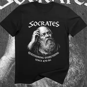 Socrates Graphic T-Shirt - "Questioning Everything Since 470 BC" Cotton Tee, Vintage Philosophy Outfit, Cute & Fashion Oversized Top, Perfect Gift for Him, Ideal Present for Philosophers, Students, or Valentine's Day