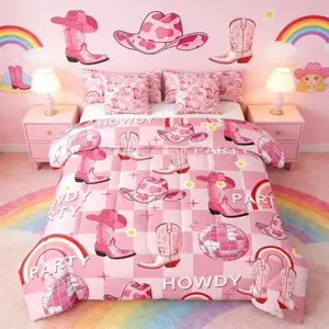 7 Pieces Western Comforter Set,Cowgirl Boots Hats Bedding Set for Kids Boy Girls Bedroom Decor,Western Cowboy Pink Plaid 7pcs Bed in a Bag with Comforter,Sheets and Pillow Cases