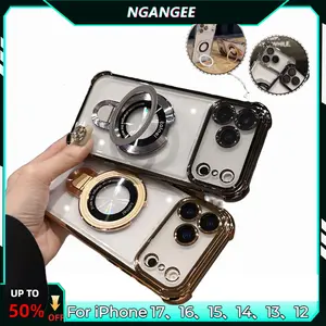 [2nd Big Deals]NganGee Protective Four Comers thicken Cushion Drop-proof Clear Platic magsafe  Phone Case Comes with Sticky Stand Olated Clear Bracket Phone Case for iPhone12-17 Cover with Kickstand Four Corners Cases clear kickstand