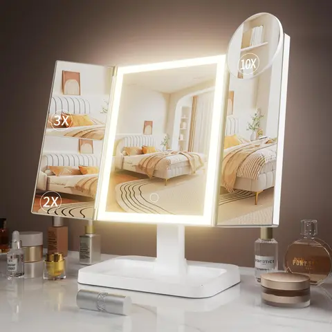 Makeup Mirror, Vanity Mirror with Lights, 2X/3X/10X Magnification, Touch Control, Trifold, Dual Power Supply, Gifts Mothers Day for Mom,Gifts for Women, Wife, Girls,Dorm Room Essentials