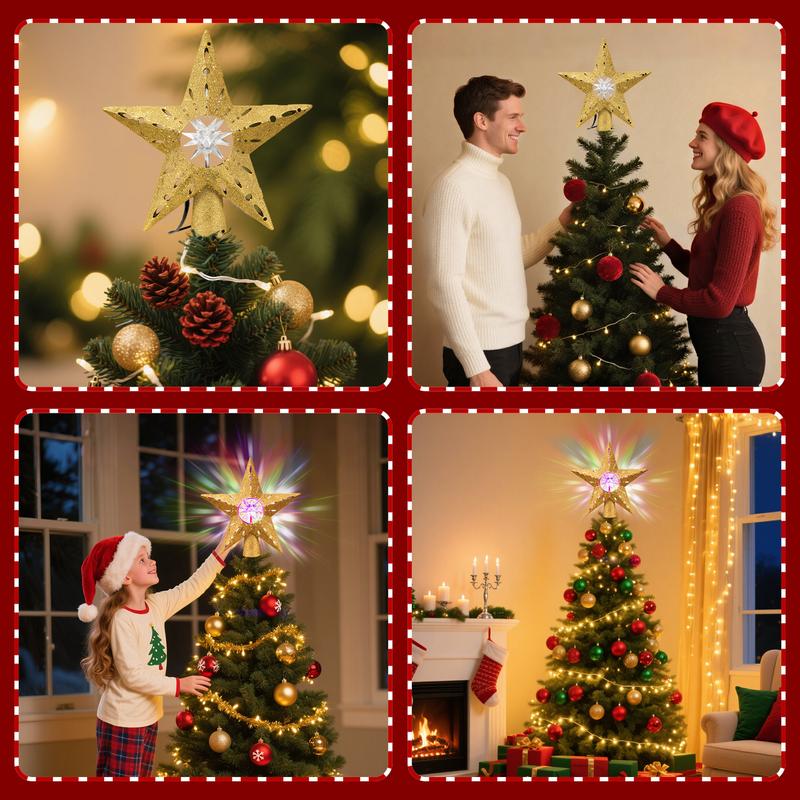 Golden Rotating Christmas Tree Topper with RGB LED Lights, 360° Spinning Diamond & Projection, Festive Tree Decoration with Power, Christmas Tree Topper with Lights, Christmas Decorations for Home Indoor, Candyland Christmas Tree Decorations