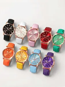 Stylish 9-piece watch set, unisex quartz movement, zinc alloy round case, synthetic leather bracelet, none, mixed colors, Casual Wristwatch Set