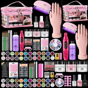 Nail Kit for Beginners with Everything: Practice Nail Hand Acrylic Set Professional Powder Liquid Starter Kits with Drill U/V Lamp in Cosmetic Gift Bag for Salon Home (Pink)