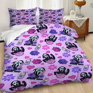2/3Pcs Cute Ghostface Decorative Duvet Cover Set, Y2K Aesthetic Bedding Set with Floral Accents, Soft Light Pink Background, Perfect for Playful Bedroom Decor, Ideal for Horror and Vintage Lovers! Includes 1 or 2 Pillowcase - No filling/Zipper Closure