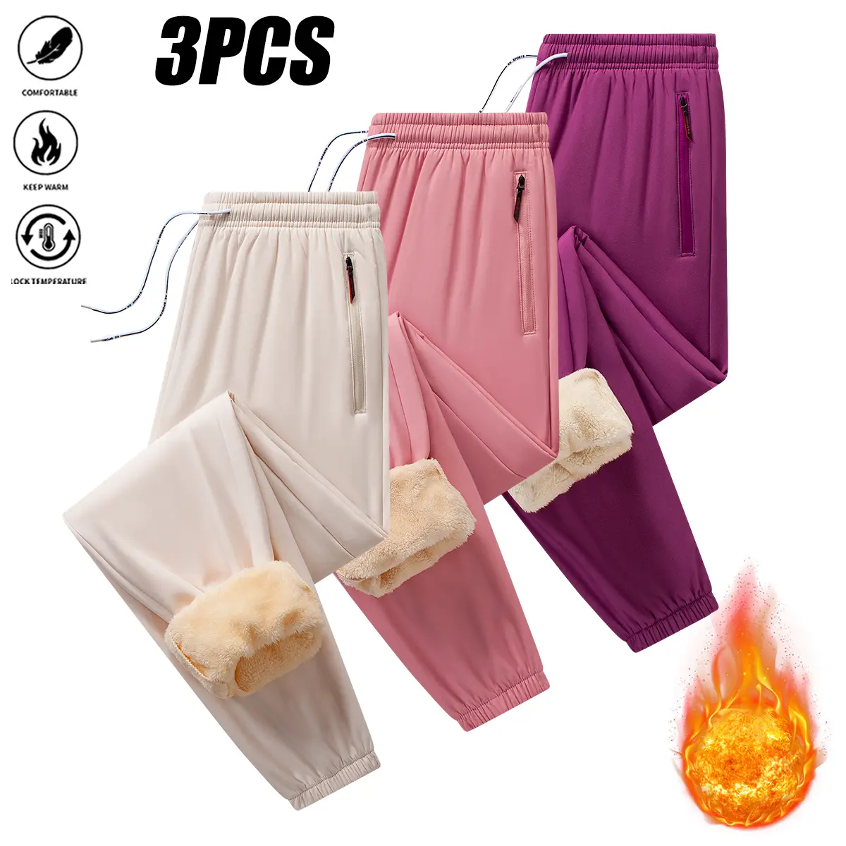 JOGWAVE 3PCS Women’s Windproof Fleece-Lined Winter Jogging Pants | Warm, temperature-locking tapered slim-fit long pants with zippered safety pockets | Elastic drawstring waistband design, suitable for commuting, outdoor activities, and everyday casual we