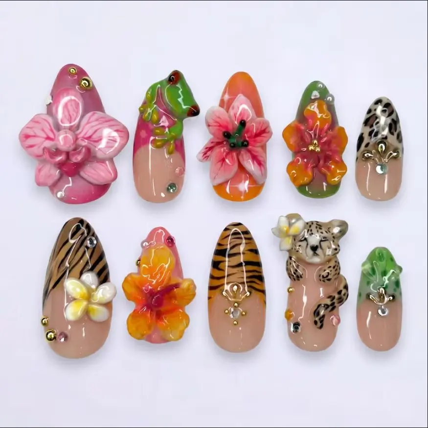 Flowers Garden Hand-Painted Press On Nails, 3D Leopard & Frog Nail Art Set, Gif For Her On Wedding Birthday Party