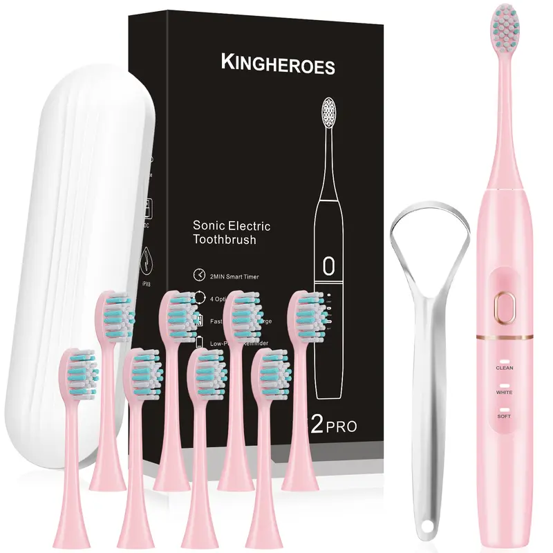 Rechargeable Electric Toothbrush Set, Cordless Power Toothbrush, 4 Modes IPX8 Waterproof with 8 Brush Heads and Tongue Scraper, USB Charging Smart Timer, Portable Travel Case, 42000 VPM Ultrasonic Motor, Personal Care Appliance