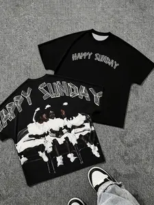 🔥 Happy Sunday Graphic Print Men Tee | Vintage Back Portrait Oversized T-Shirt, Y2K Casual Streetwear, Letter Aesthetic Loose Fit Top, Minimal Hip Hop Daily Basic All-match Trendy OOTD For Street Casual Look!