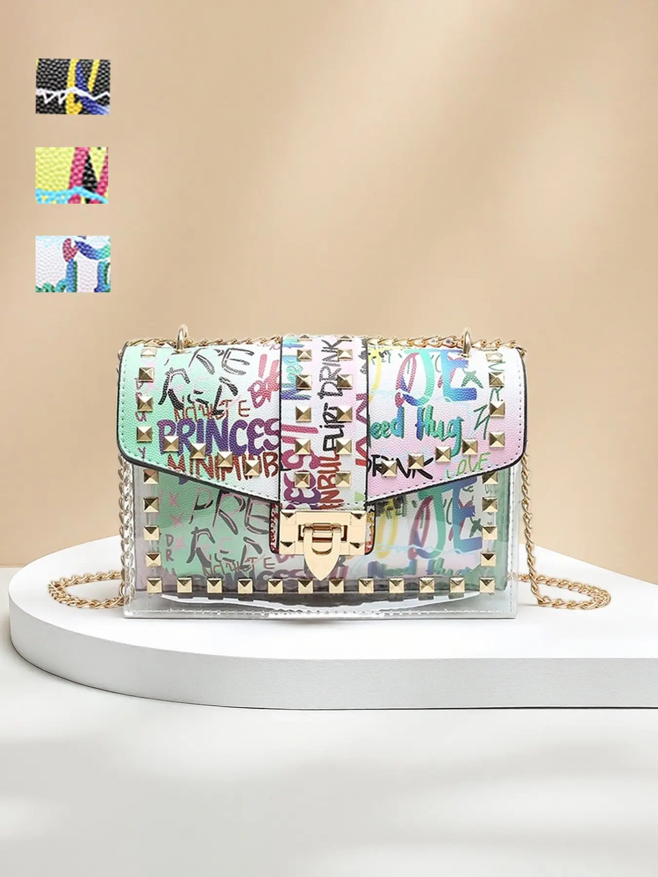 Fashion Graffiti Letter Punk Chain Women's Pu Leather Bag, Elegant Rivet Decor Small Square Bag, Versatile Shoulder Crossbody Bag for Outing Shopping, Fashionable crossbody bag