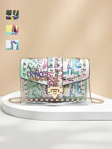 Fashion Graffiti Letter Punk Chain Women's Bag, Elegant Rivet Decor Small Square Bag, Versatile Shoulder Crossbody Bag for Outing Shopping