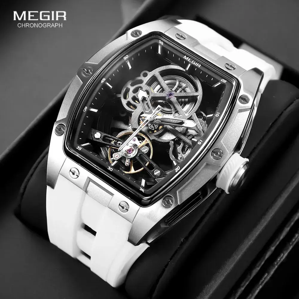 Men's Automatic Watch with Self-Winding Movement, Fashion Skeleton Design, Luminous Hands, Hardlex Glass, Buckle Closure, Silicone, Sporty, Backlit, Mechanical, Casual