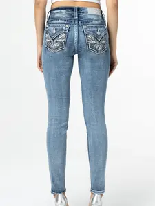 Women's Miss Me Skinny Medium-Wash Skinny Jeans Light Blue, Silver Wing Embroidery Faux Back Pockets, Women's Y2K Denim Jeans Bodycon