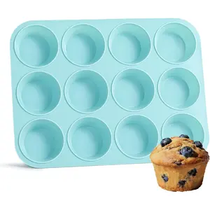 Silicone Muffin Pan, Regular Size 12 Cups Non Stick Cupcake Pan for Baking, Light Blue