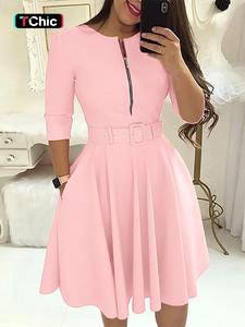women's solid zipper belted pocket a line dress, casual fashion round neck short dress for daily outdoor wear, women dress for fall & winter