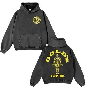 Gold’s Gym Yellow Logo Washed Hoodie | Heavyweight Vintage Streetwear, Retro Bodybuilding Graphic Tee, Pump Cover Gym Hoodie Gift for Fitness & Hiphop Fans Menswear Thick Tops