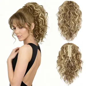 12 Inch Blonde Ponytail Extension - Curly Pony Tails Hair Extensions, Claw Clip Ponytail Extension, Synthetic Clip in Ponytail Hair Extensions (Color: Blonde with Beige Blonde Highlights)