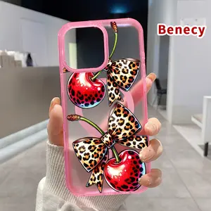 Magnetic Soft Case for iPhone 15 16 14 Pro Max 13 12 11 XR XS Plus E Drop Protection Transparent  Leopard - Cherry Pattern Shockproof Silicone Cover Supports Wireless Charging
