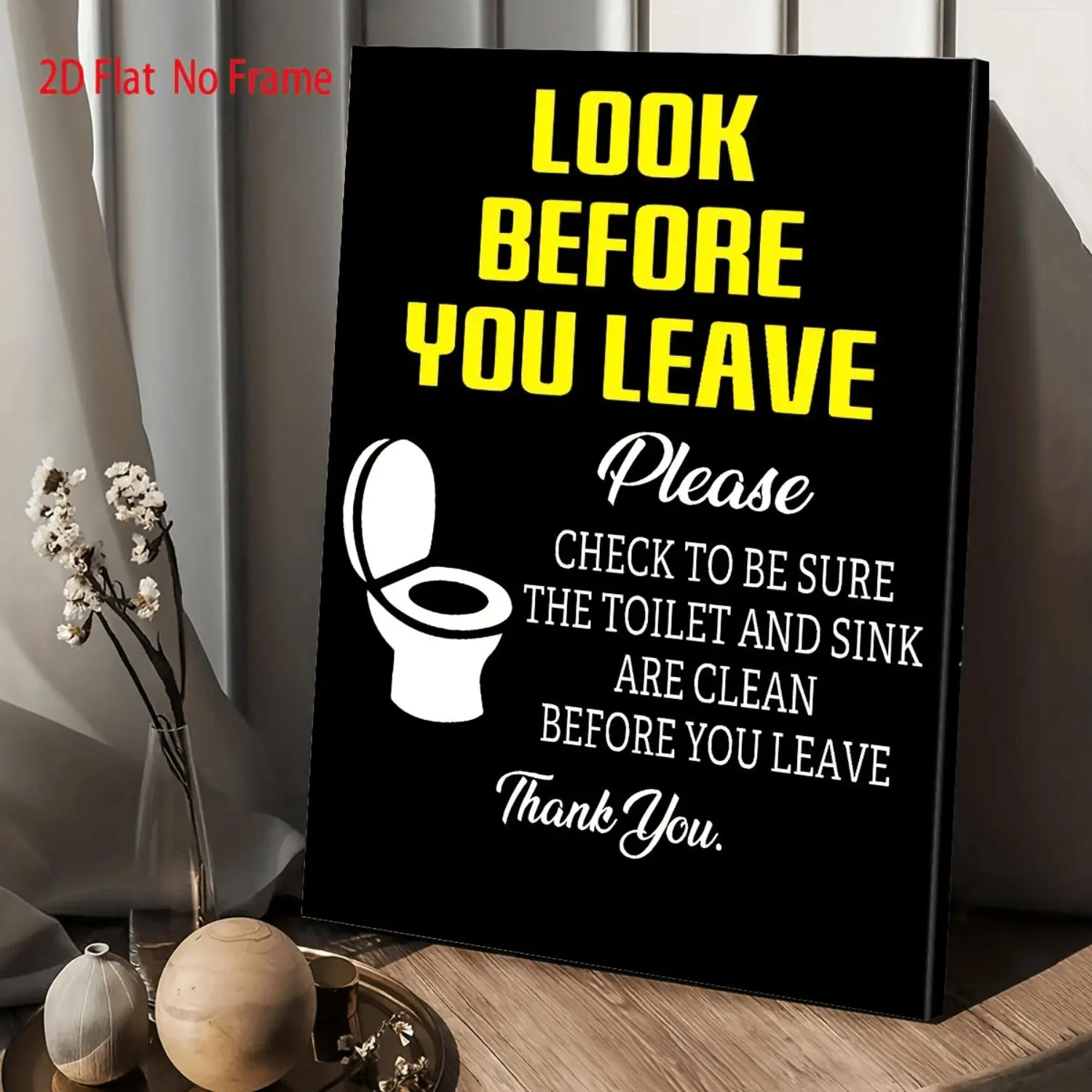 Humorous "Look Before You Leave" Bathroom Sign - Black with Bold Yellow Text, Modern Minimalist Toilet Etiquette Art for Home, Office, Living Room & Bedroom Decor, 2D Flat, Perfect for Room Decor