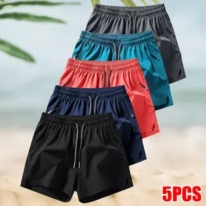 Men’s solid-color quick-dry shorts, pack of 5 — casual elastic-waist drawstring shorts suitable for summer workouts, running, and outdoor activities; comfortable and adjustable. Men's Breathable