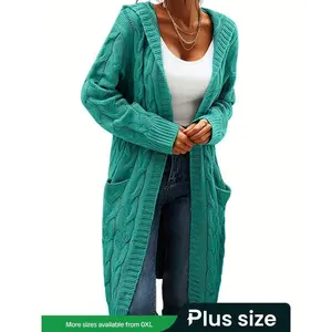 Elegant Plus Size Hooded Knit Cardigan, Long Sleeve Button Pocket Sweater Coat, Casual Plain Color Women's Fashion Outerwear