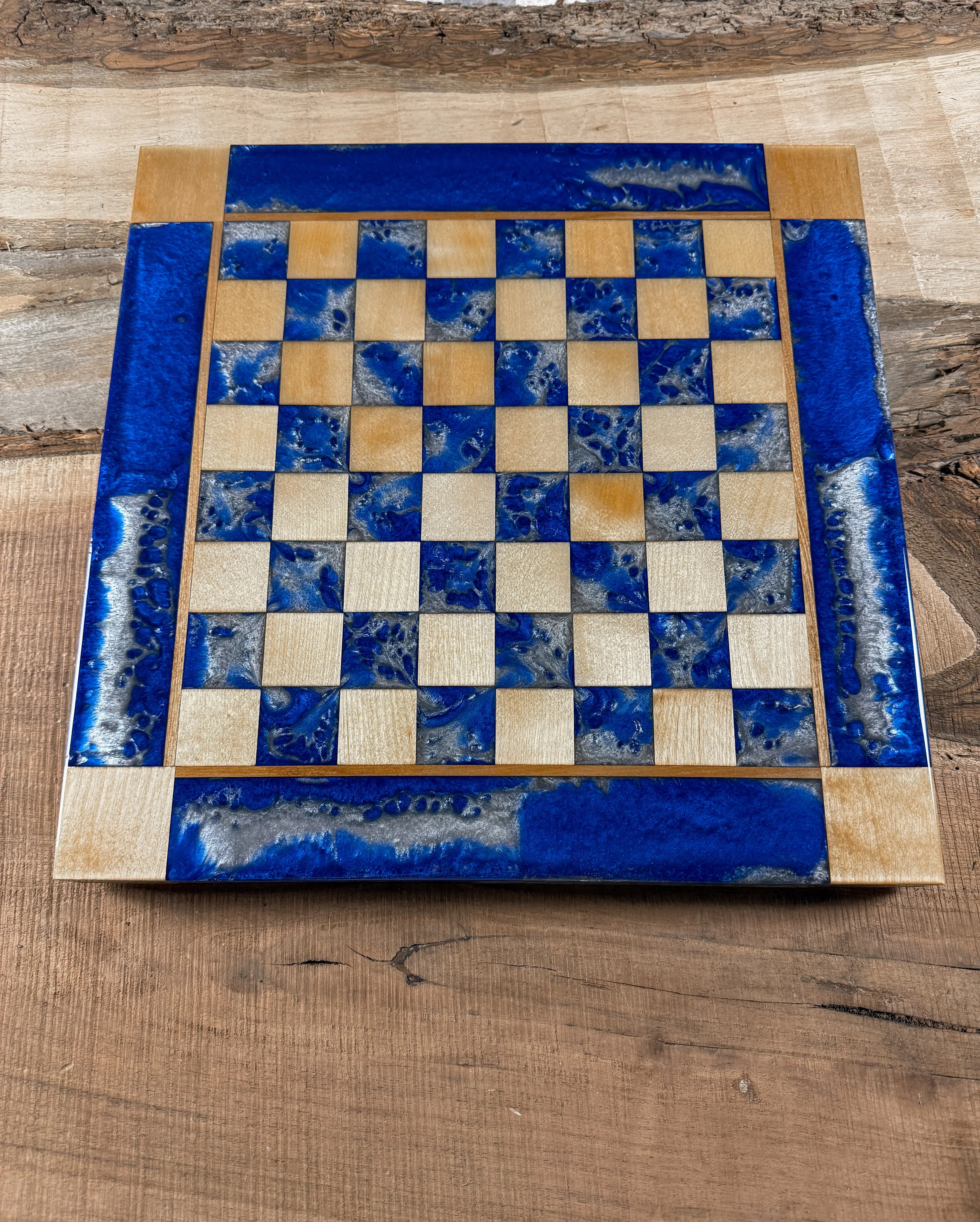 Deep Blue Silver Cloud Maple Wood Chess Board (Chess Set Included)