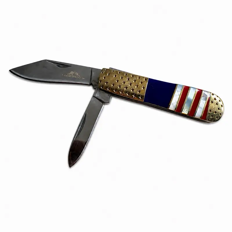 RRE Barlow Vintage Retro Trapper Pocket Knife, 2 Sharp Stainless Steel Blades, 3.5” USA Flag Stars & Stripes Design for Camping Hiking Sports & Outdoor Use