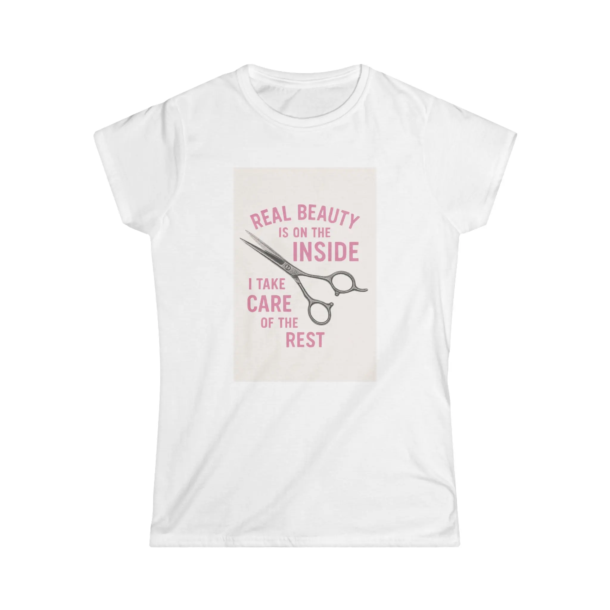 REAL BEAUTY Women's Comfortable Soft Simple Graphic Scissors Message Print T-Shirt - Light Ringspun Cotton, Short Sleeves, Casual Semi-Fitted Cut, Ribbed Crew Neck, Double-Stitch Durable Bottom Hem, Lightweight Knit Fabric, Machine Washable