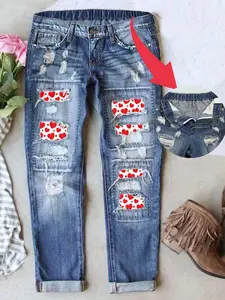 Women's Patch Ripped  Unique Heart Print Mid-Waist Boyfriend Jeans Fitted Distressed Stretchy Waistband Denim Pants Woman's Daily Wear Soft Material for All Season.