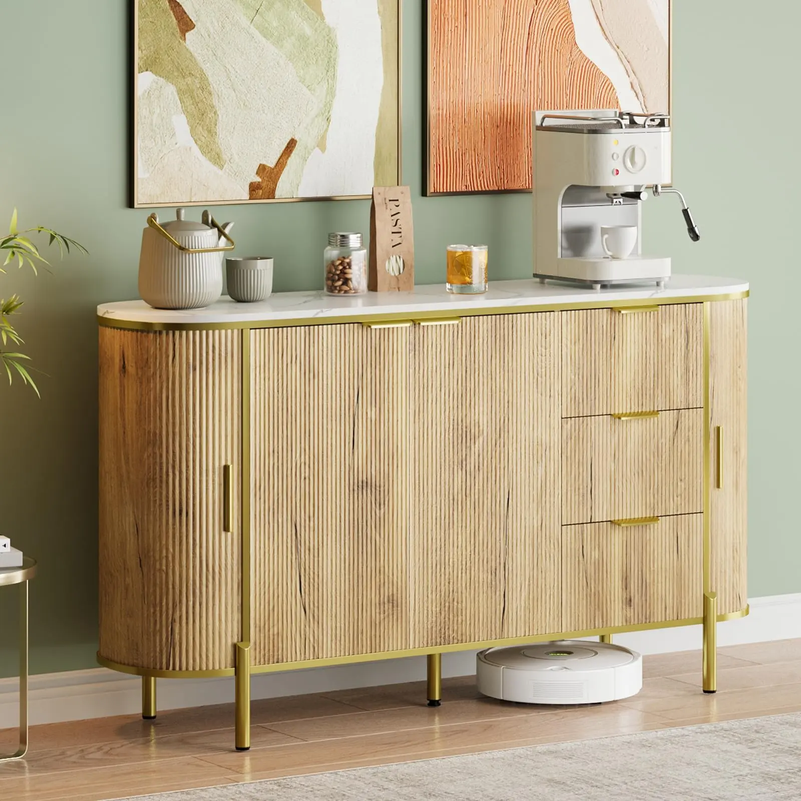 Garvee closet Buffet sideboard with Storage, Modern 60-Inch Storage Closet with Synthetic Marble Top, 2 Curved Profile Sliding Doors and 3 Drawers, Table