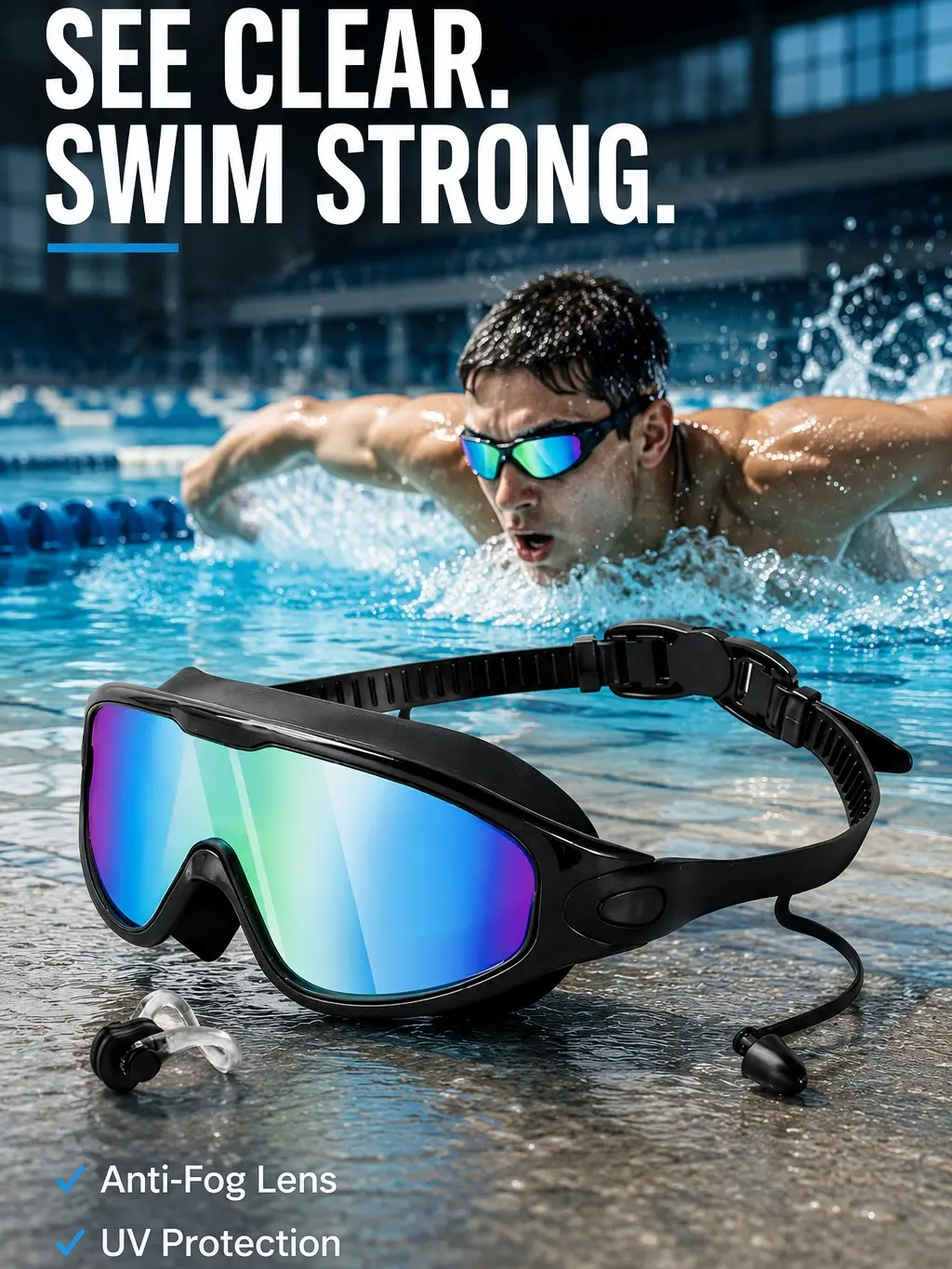 Anti-Fog Swimming Goggles for Adults & Kids, Leakproof Swim Goggles with UV Protection Wide View Lens, Comfortable Adjustable Fit for Swimming Training, Pool & Water Sports