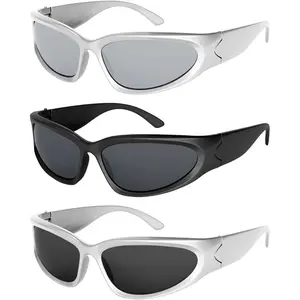 3Pack Y2K Wrap Around Sunglasses for Men Women Silver Glasses Retro 90s Fashion Sport Shades Eyeglasses